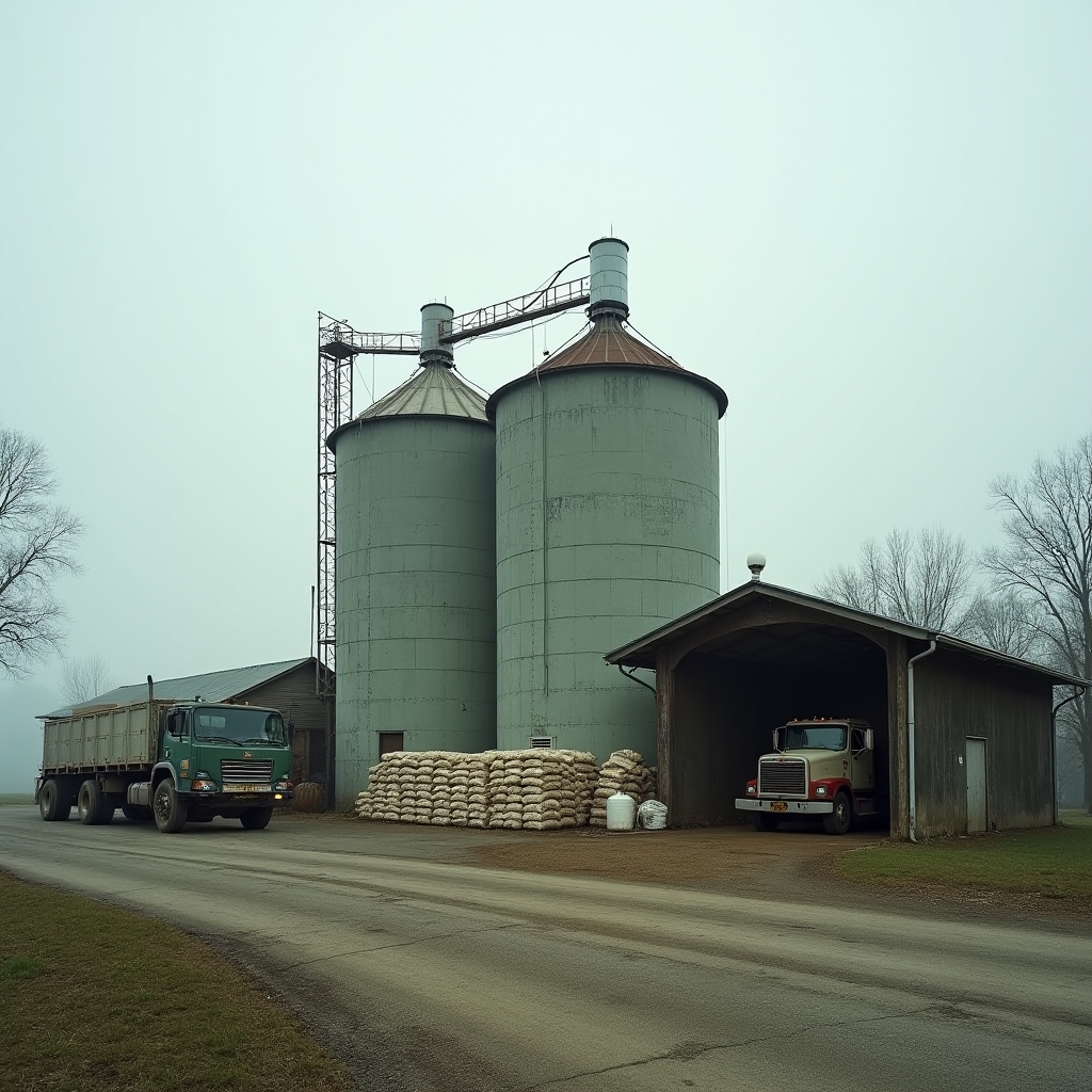 A small rural biomass processing facility with storage silos and a delivery yard