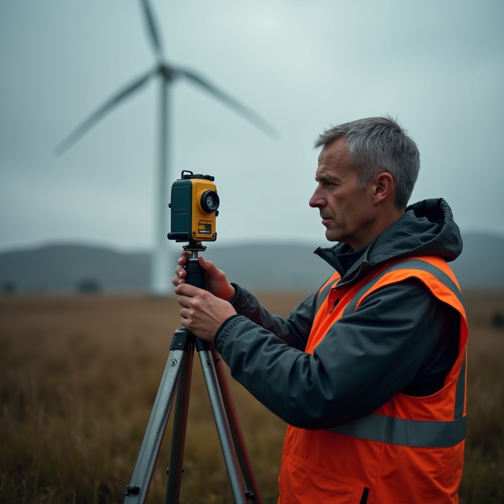 A field engineer using measurement equipment to assess wind conditions at a proposed community turbine site