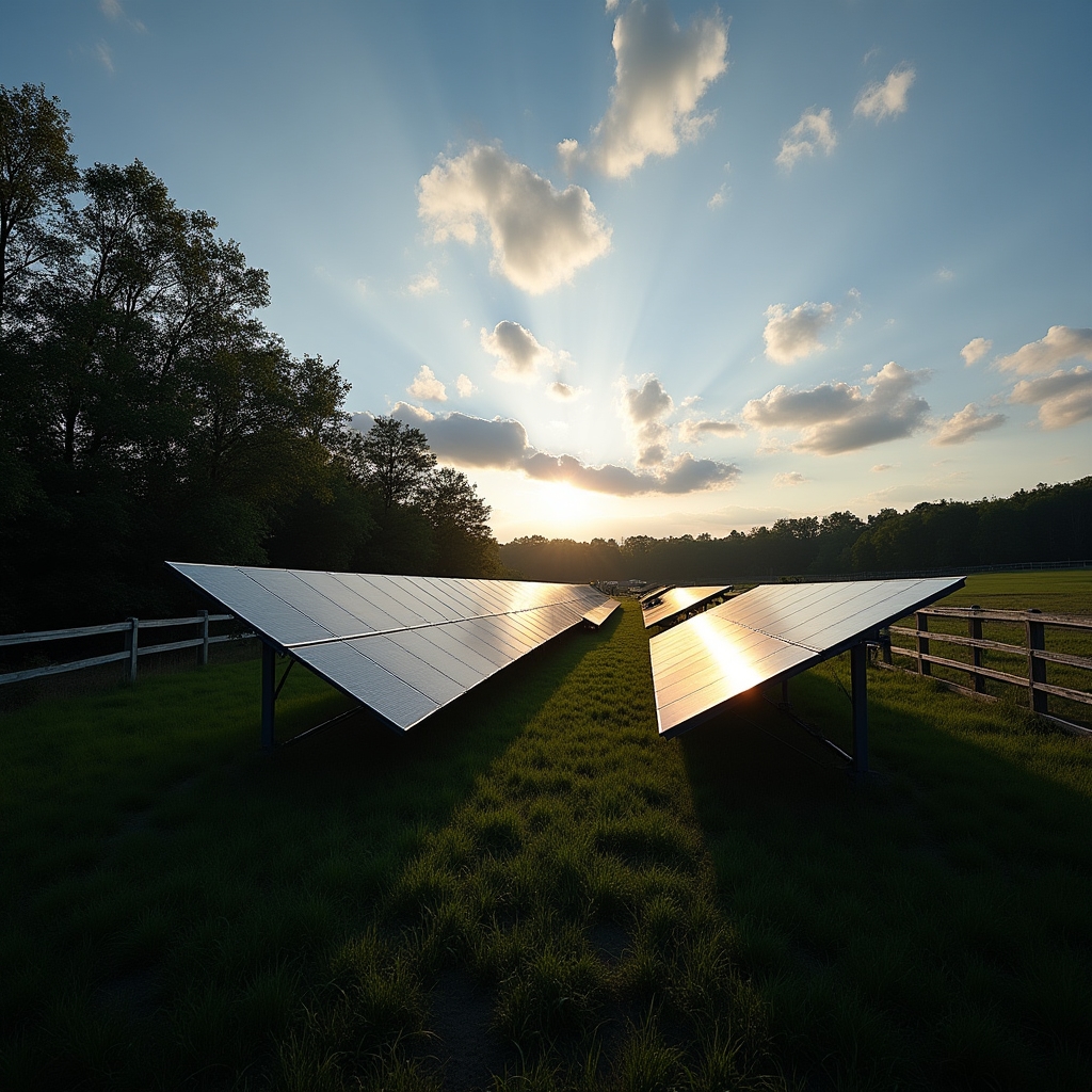 A ground-mounted solar array installed on cooperative-owned land bordered by trees
